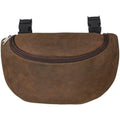 Brown leather waist bag with black zippers on a white background