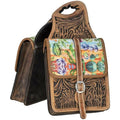 Brown leather saddle bag with floral pattern on a white background