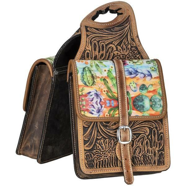 Brown leather saddle bag with floral pattern on a white background