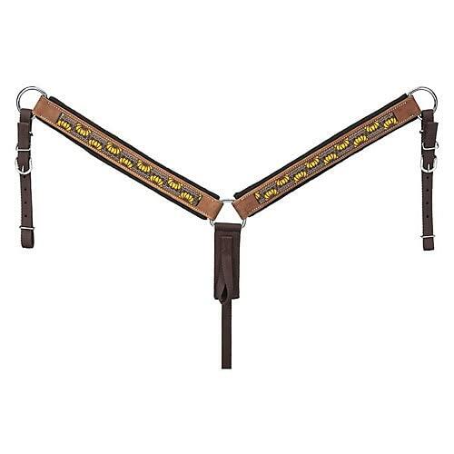 Brown leather horse bridle with decorative pattern on a white background