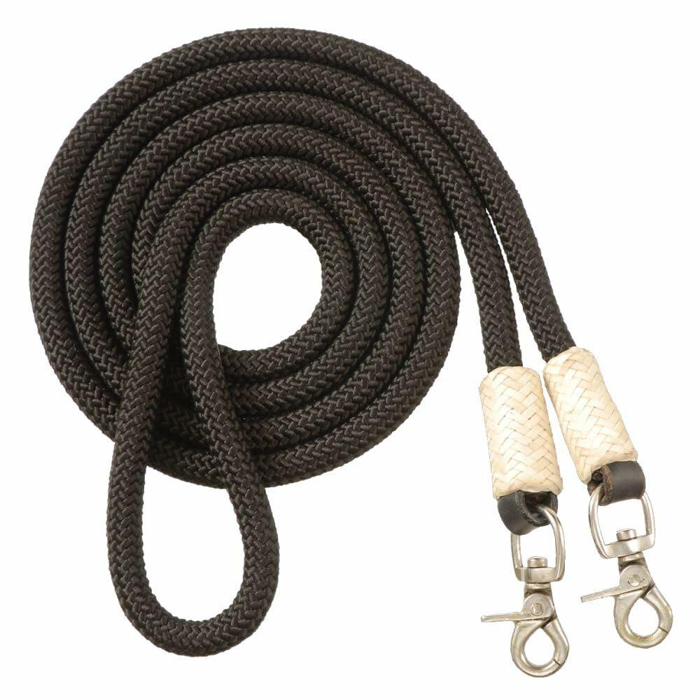 Brown rope dog leash with metal clasps on a white background