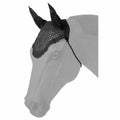 Horse wearing a black fly mask on a white background