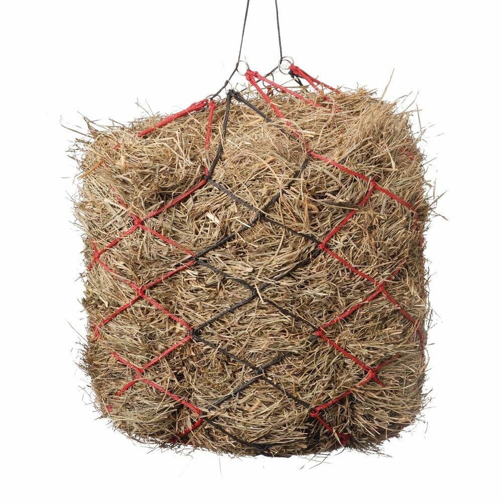 Hay bale wrapped in red rope on a white background