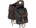 Brown and black leather saddle bag on a white background