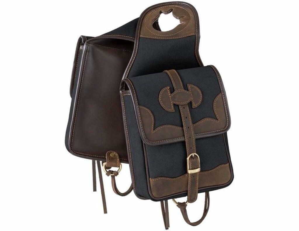 Brown and black leather saddle bag on a white background