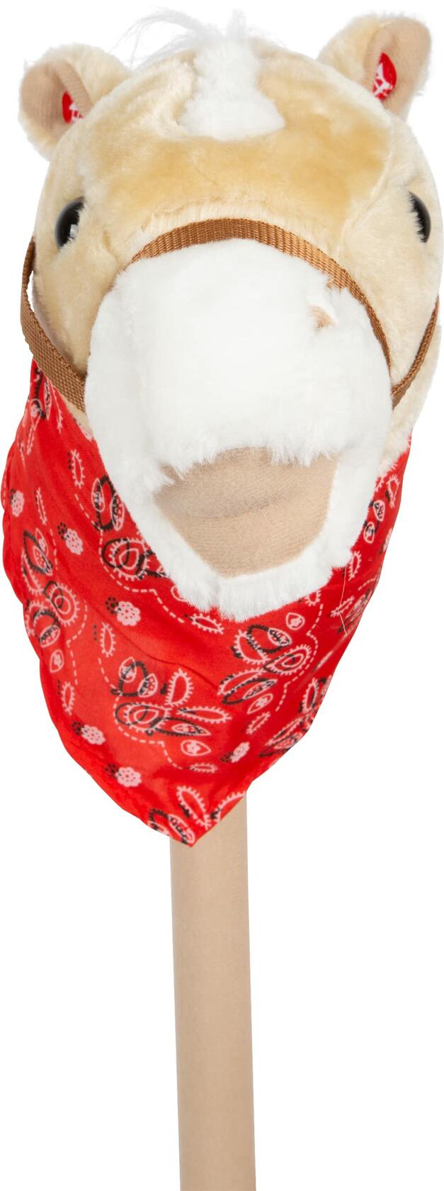 Plush toy horse head cover with a red bandana on a white background