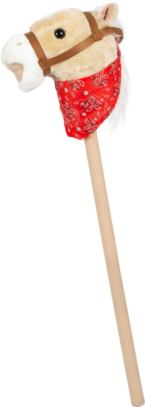 Plush toy horse on a stick with a red patterned blanket and brown reins on a white background