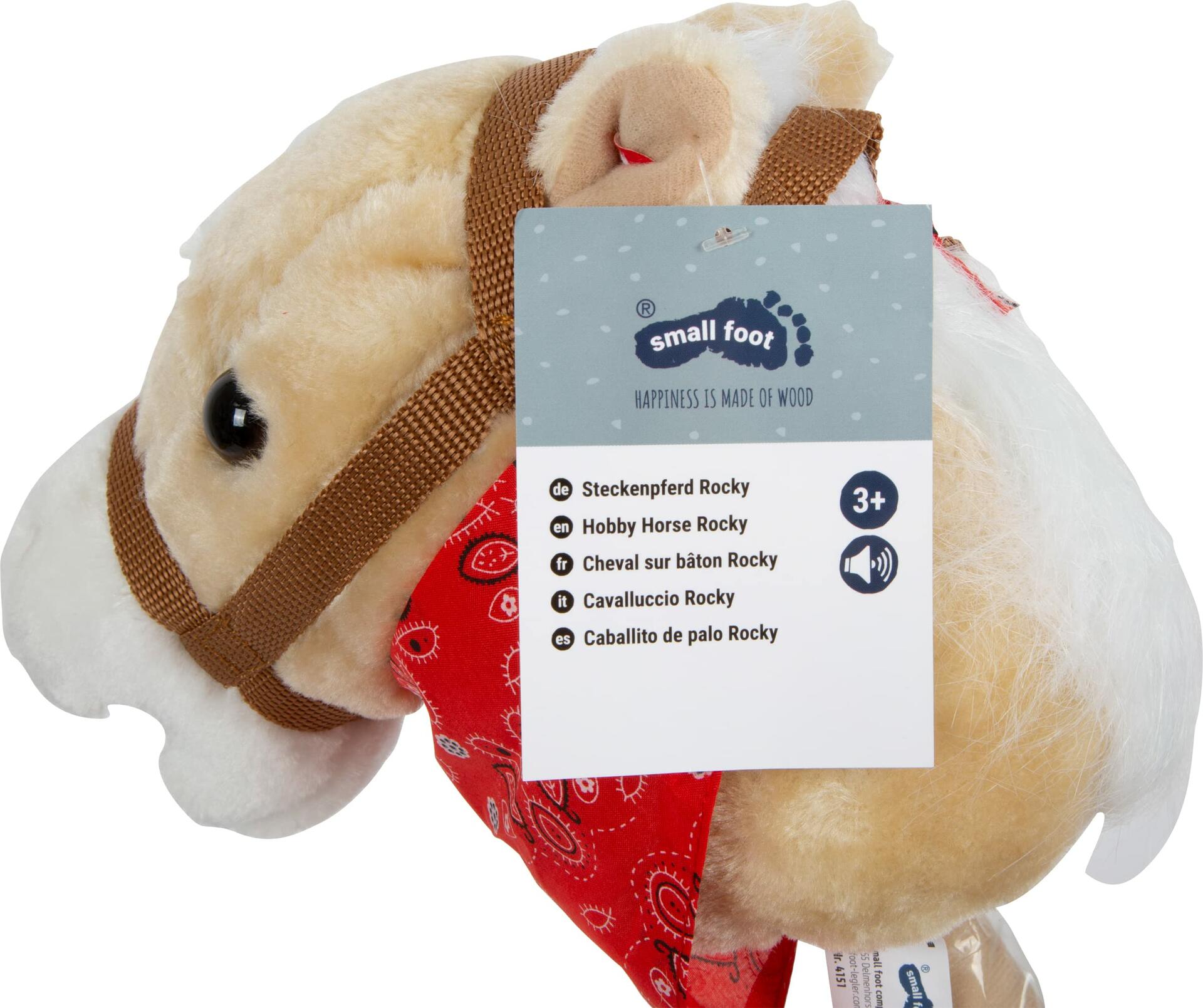Plush hobby horse with a label indicating age suitability and features on a white background
