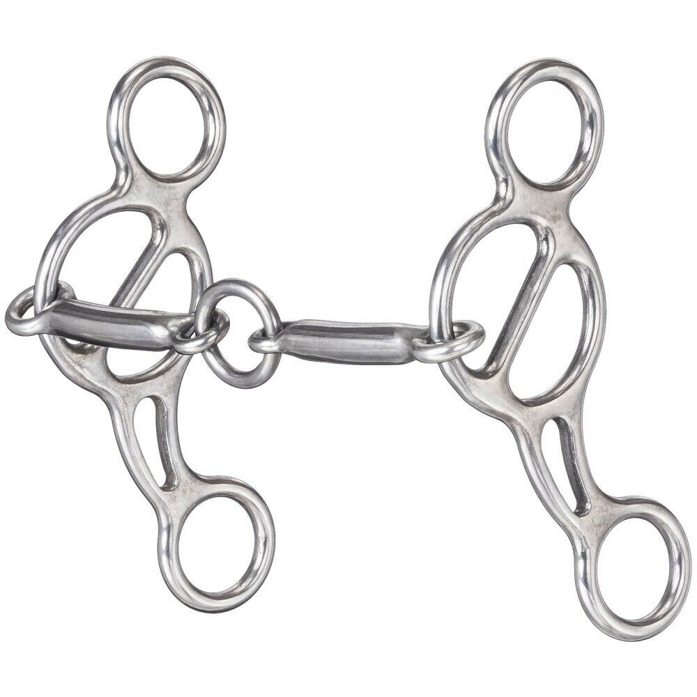 Metal horse bridle bit on a white background