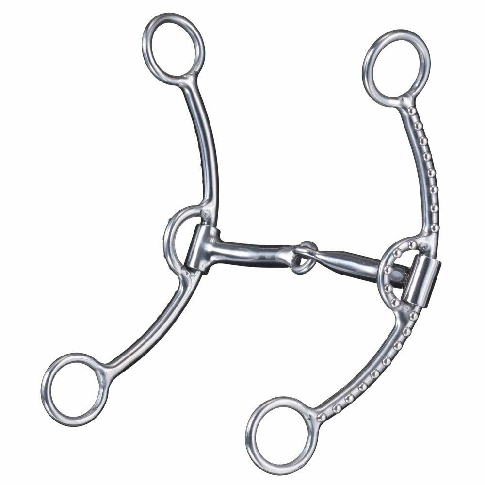 Metal horse bridle bit on a white background