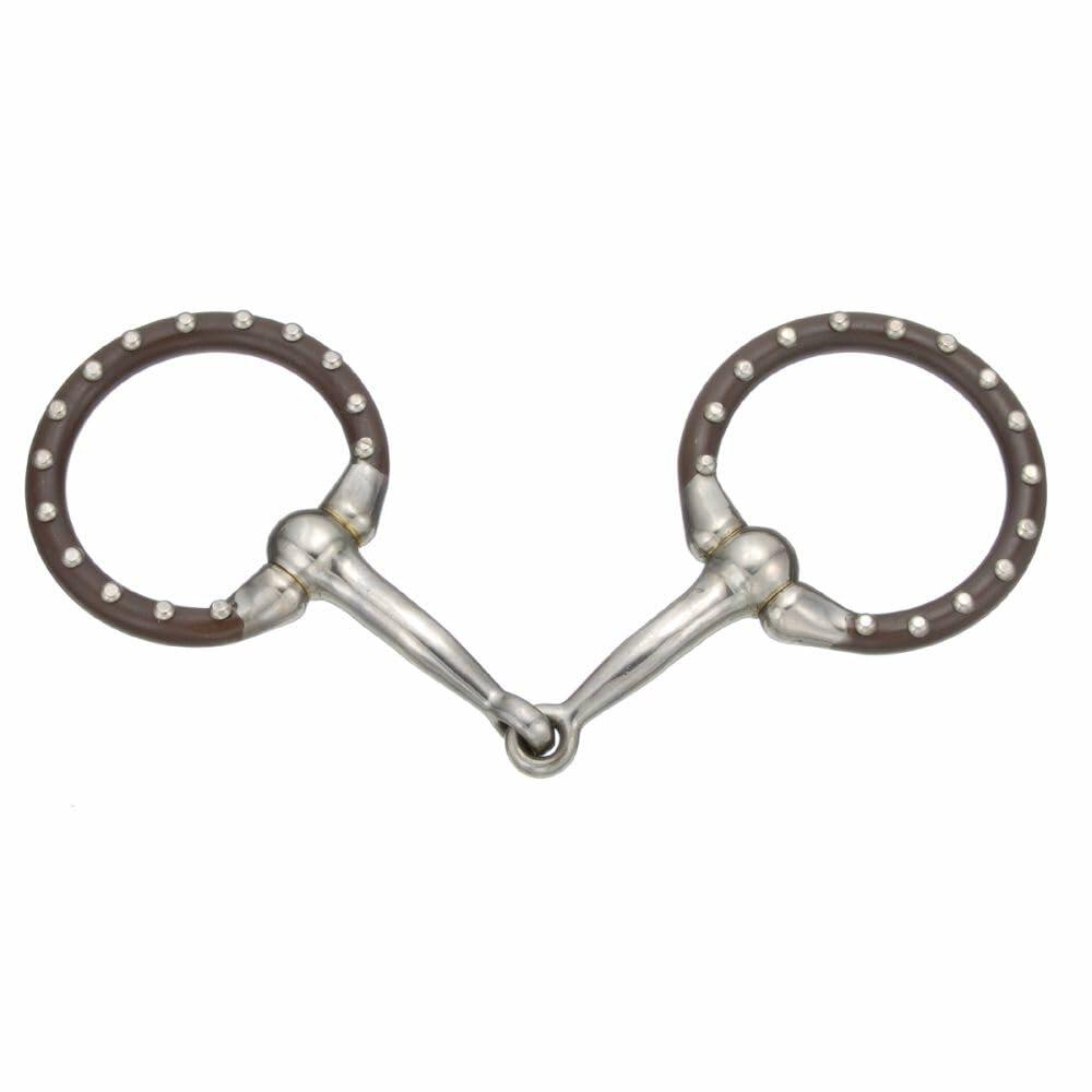 Horse bridle bit with metal rings on a white background