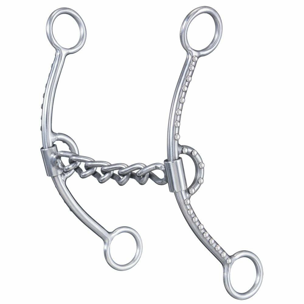 Metal horse bridle bit on a white background