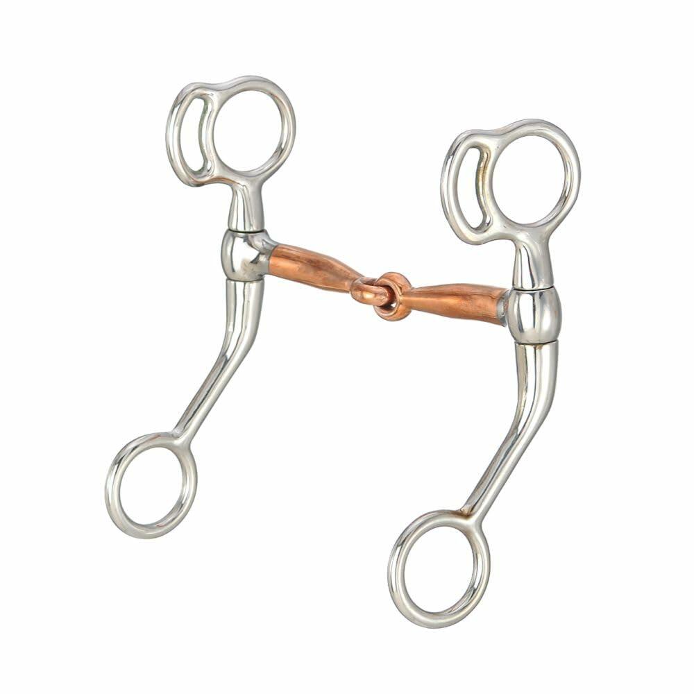 Horse bridle bit with copper mouthpiece on a white background