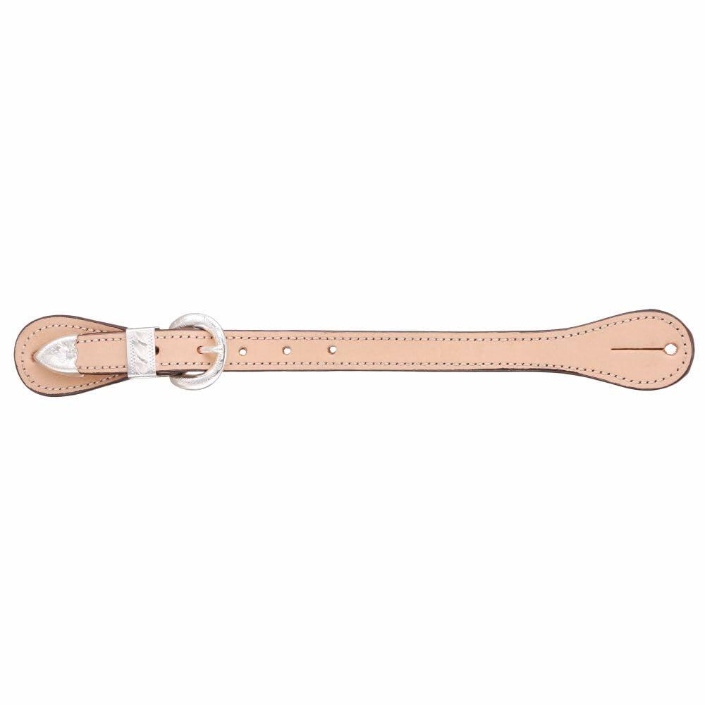 Leather strap with silver buckle on a white background