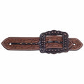 Brown leather belt with decorative buckle on a white background