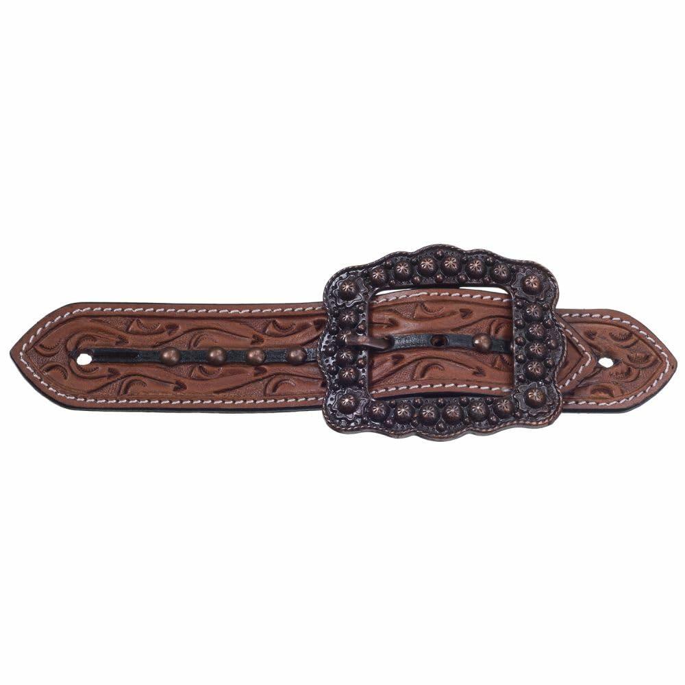 Brown leather belt with decorative buckle on a white background
