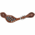 Brown leather spur strap with decorative patterns on a white background