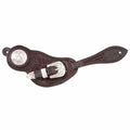 Brown leather spur with silver conchos and buckle on a white background