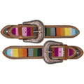 Two leather belts with colorful striped patterns and decorative buckles on a white background.