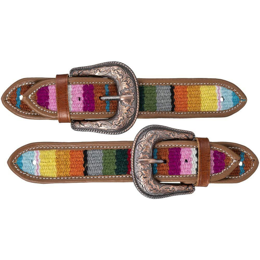 Two leather belts with colorful striped patterns and decorative buckles on a white background.