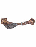Brown leather spur with intricate designs on a white background