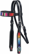 Black leather horse bridle with colorful striped reins on a white background