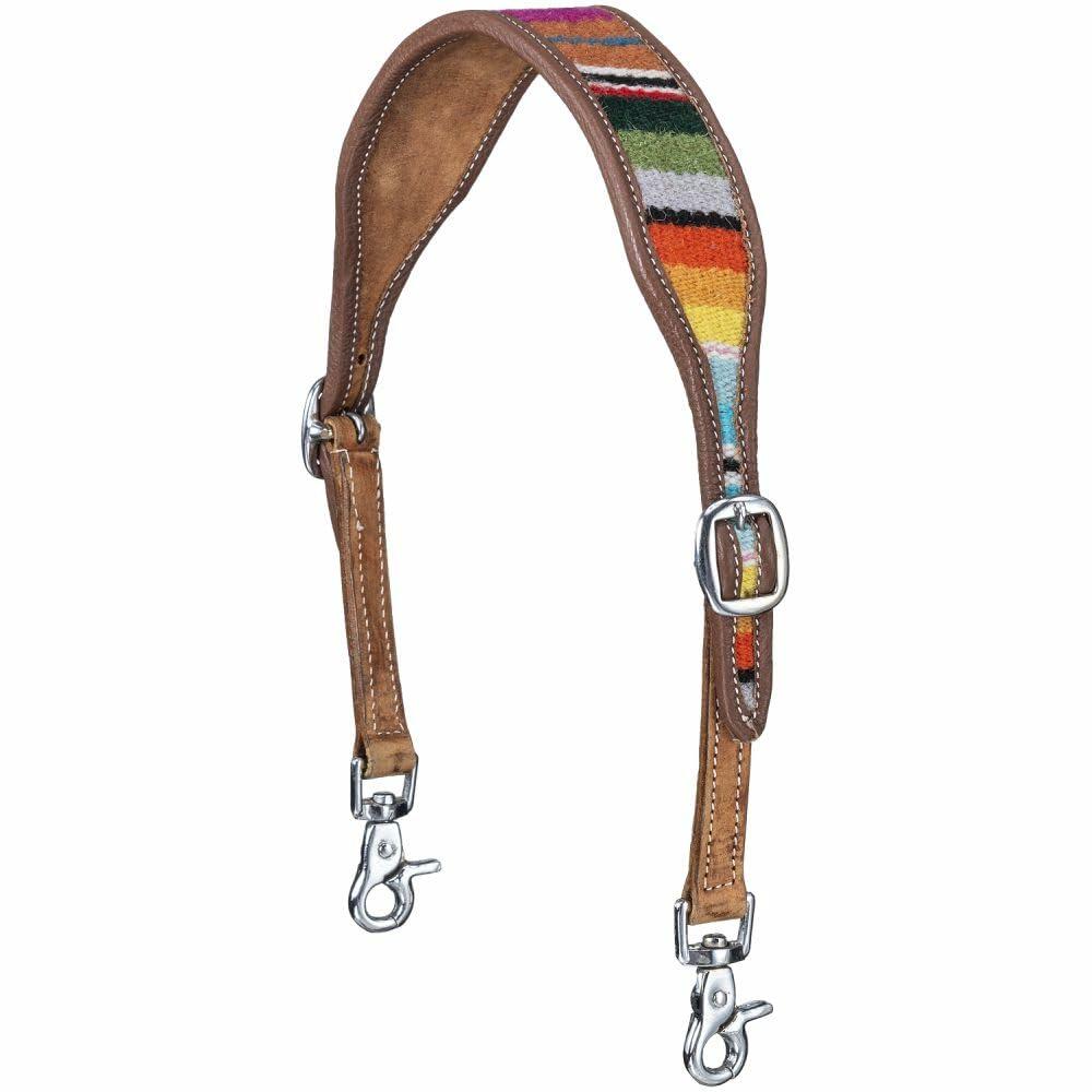 Multicolored striped strap with brown leather ends on a white background