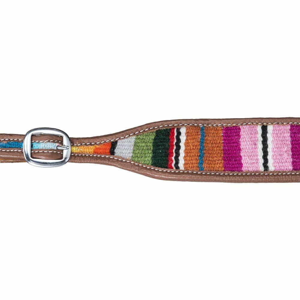 Multicolored striped leather strap with a metal buckle on a white background
