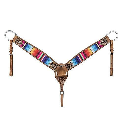 Colorful serape-patterned horse bridle on a white background
