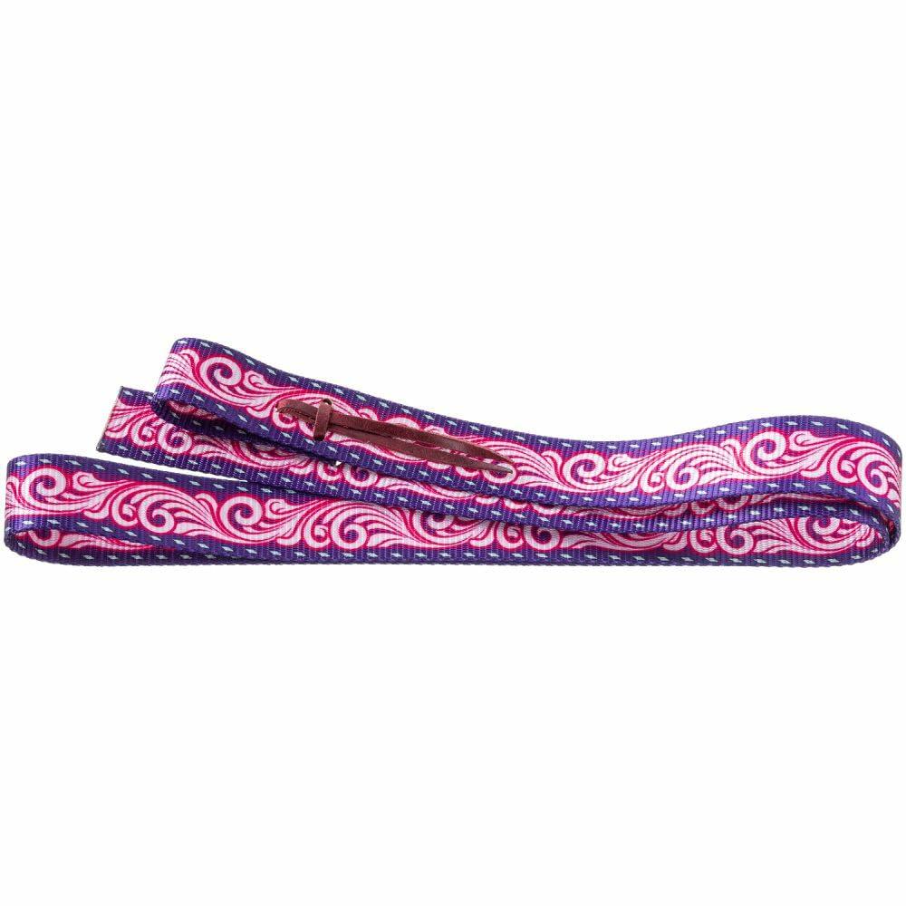 Pink and purple patterned shoelace on a white background