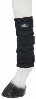 Black protective leg wrap on a white leg with a visible brand logo.