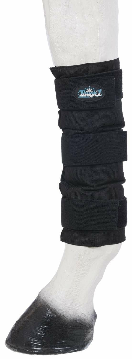 Black protective leg wrap on a white leg with a visible brand logo.