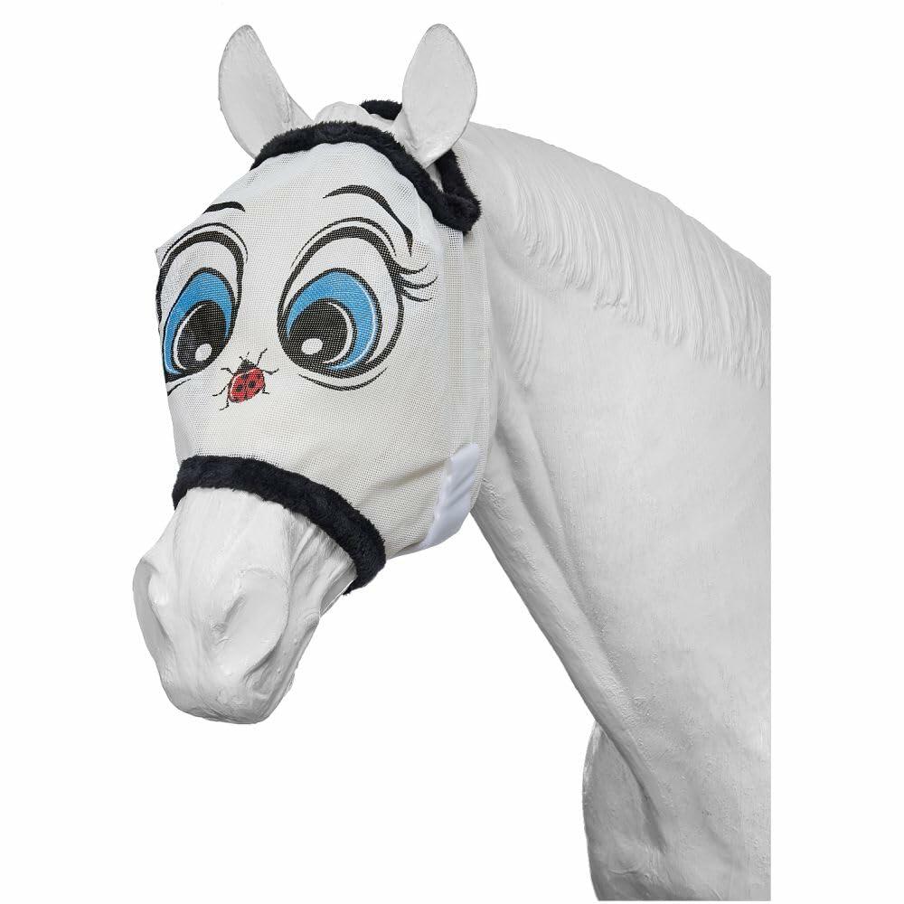 White horse head mask with cartoon face and ladybug on a white background