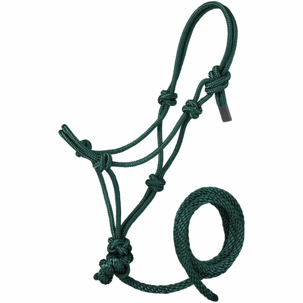 Green rope halter with lead rope on a white background