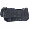 Gray saddle pad with black leather edges on a white background