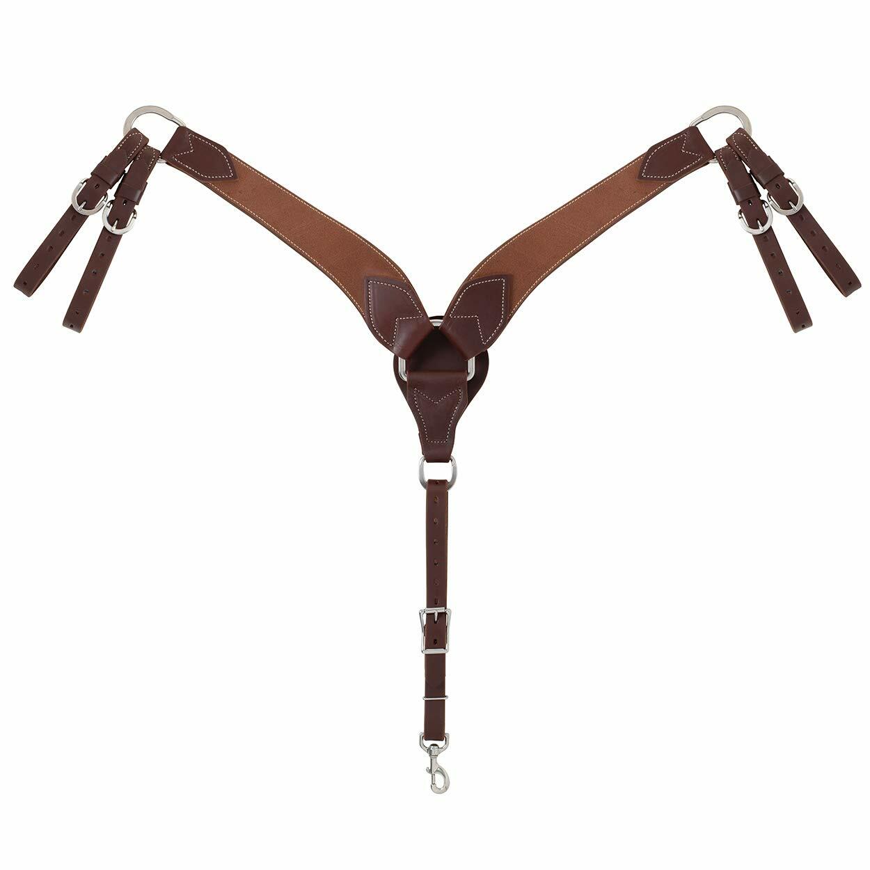 Brown leather girth strap with metal hardware on a white background