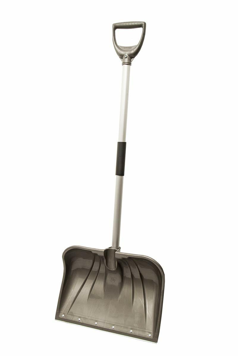 Gray snow shovel with a black handle on a white background
