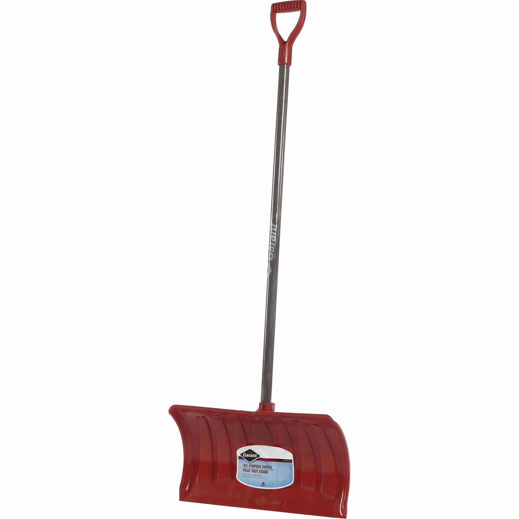 Red snow shovel with a long handle on a white background