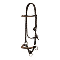 Horse bridle with black and brown pattern on a white background