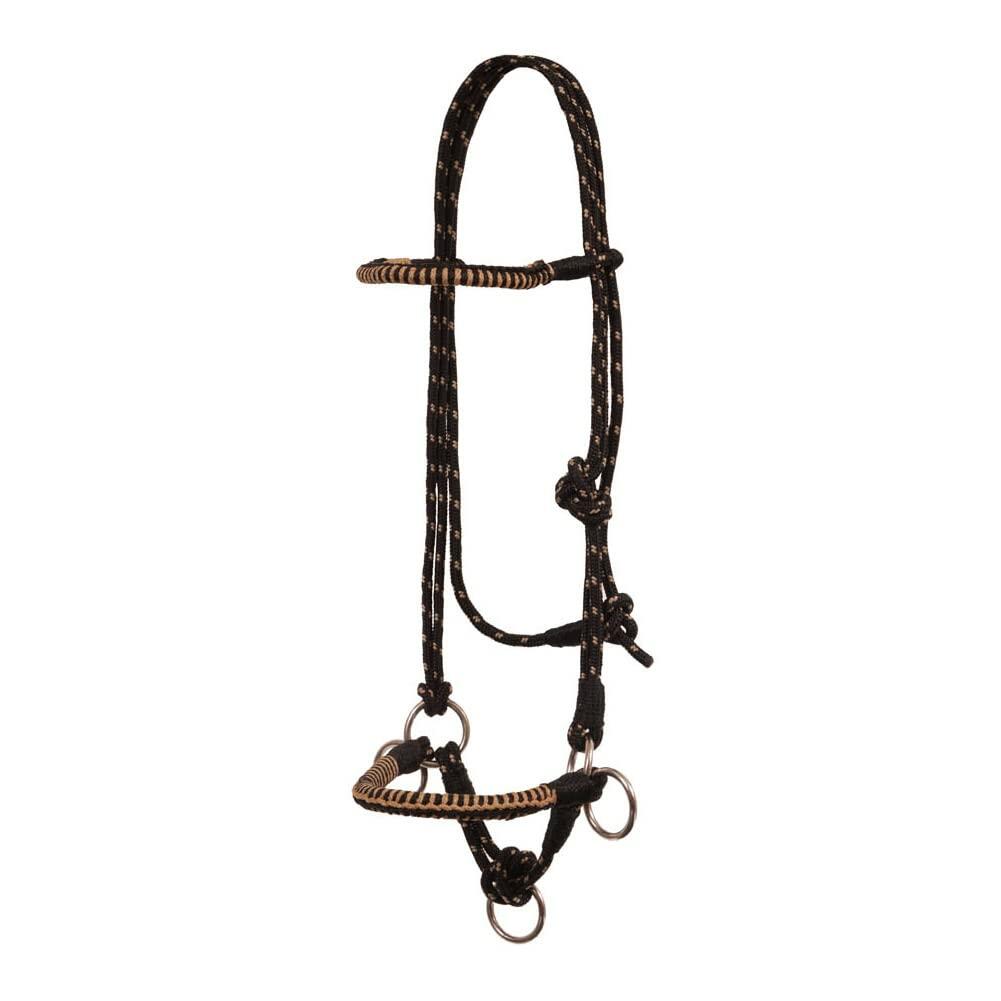 Horse bridle with black and brown pattern on a white background
