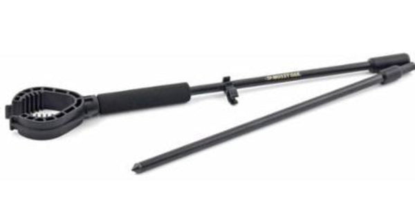 Mossy Oak 30-inch collapsible fiberglass shooting stick with a textured grip, integrated gun rest, and a pointed ground spike.