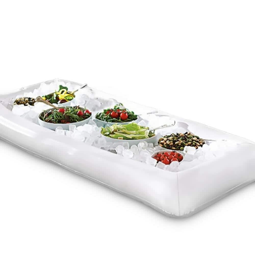 "Inflatable serving tray with raised edges to hold ice and keep items chilled"