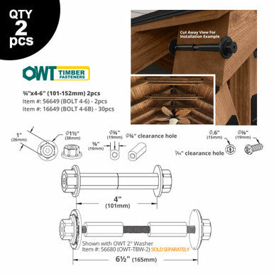 Technical product diagram for OWT Timber Fasteners 2-pack of 5/8x4-6 bolt with washer, showing dimensions, cross-sections, and installation example inset.