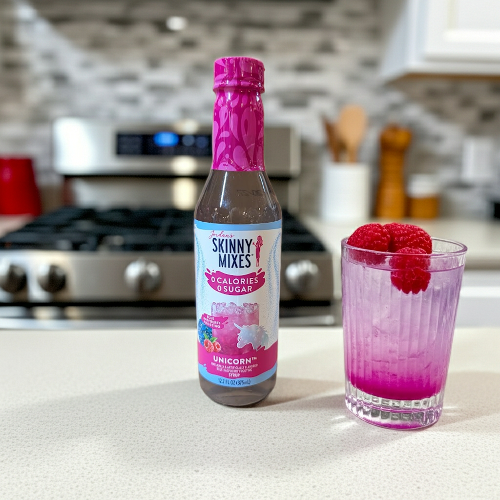 Jordan's Skinny Mixes Sugar-Free Unicorn Flavor Syrup, 375ml bottle, on a kitchen counter with a glass of water with raspberries.