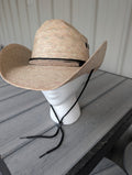 Unisex natural straw palm leaf cowboy hat on white mannequin display