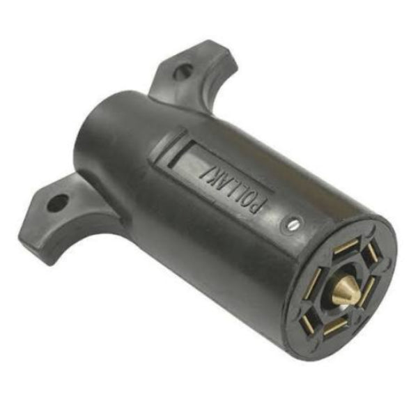 Black nylon Pollak 7-way RV trailer end connector plug with mounting tabs and gold contact pins