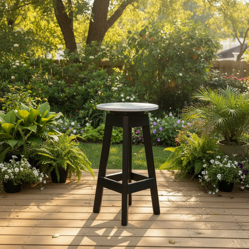 Two-tone Stone and Black poly outdoor bar stool on a sunny wooden deck.