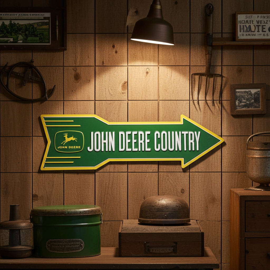 A classic green and yellow arrow-shaped metal sign with the John Deere logo and "JOHN DEERE COUNTRY" text, mounted on a rustic wood-paneled wall.