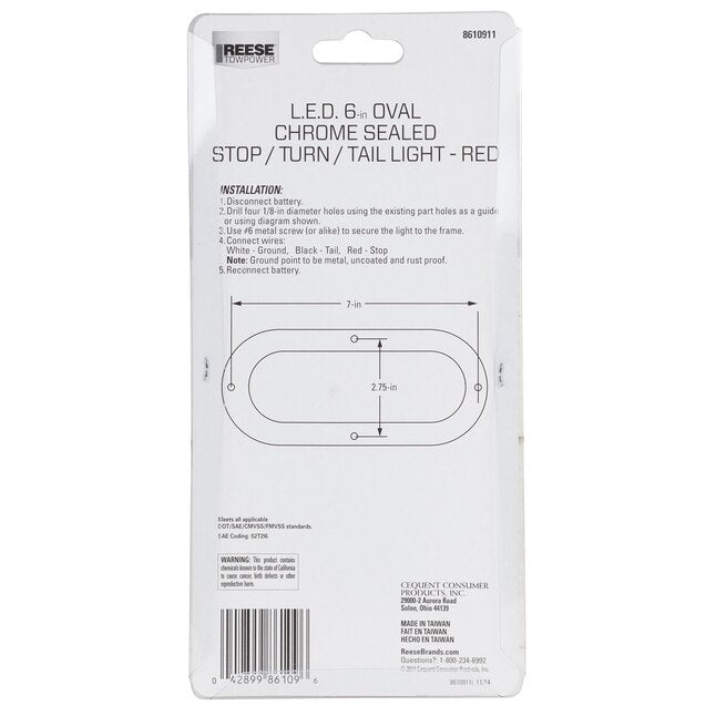 LED Oval Chrome Sealed Light measurements and installation instructions on package