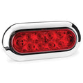 An oval-shaped red LED trailer or vehicle light with a polished chrome silver bezel